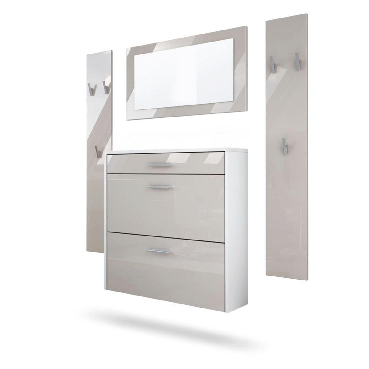 GARDEROBEN-SET Roma Air 4-teilig, Moderne Flurgarderoben Set mit Schuschrank, 2 Wandpaneele und Wandspiegel, Weiß matt/Sandgrau Hochglanz - Beige, Holzwerkstoff (190/200/23cm) - InnoFurn