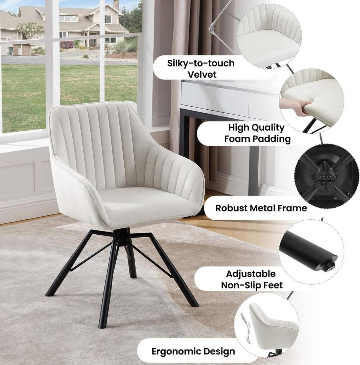 ESSZIMMERSTUHL drehbar, Samt Sessel, Creme - Creme/Schwarz, Textil/Metall (57/83.5/53cm) - Woltu