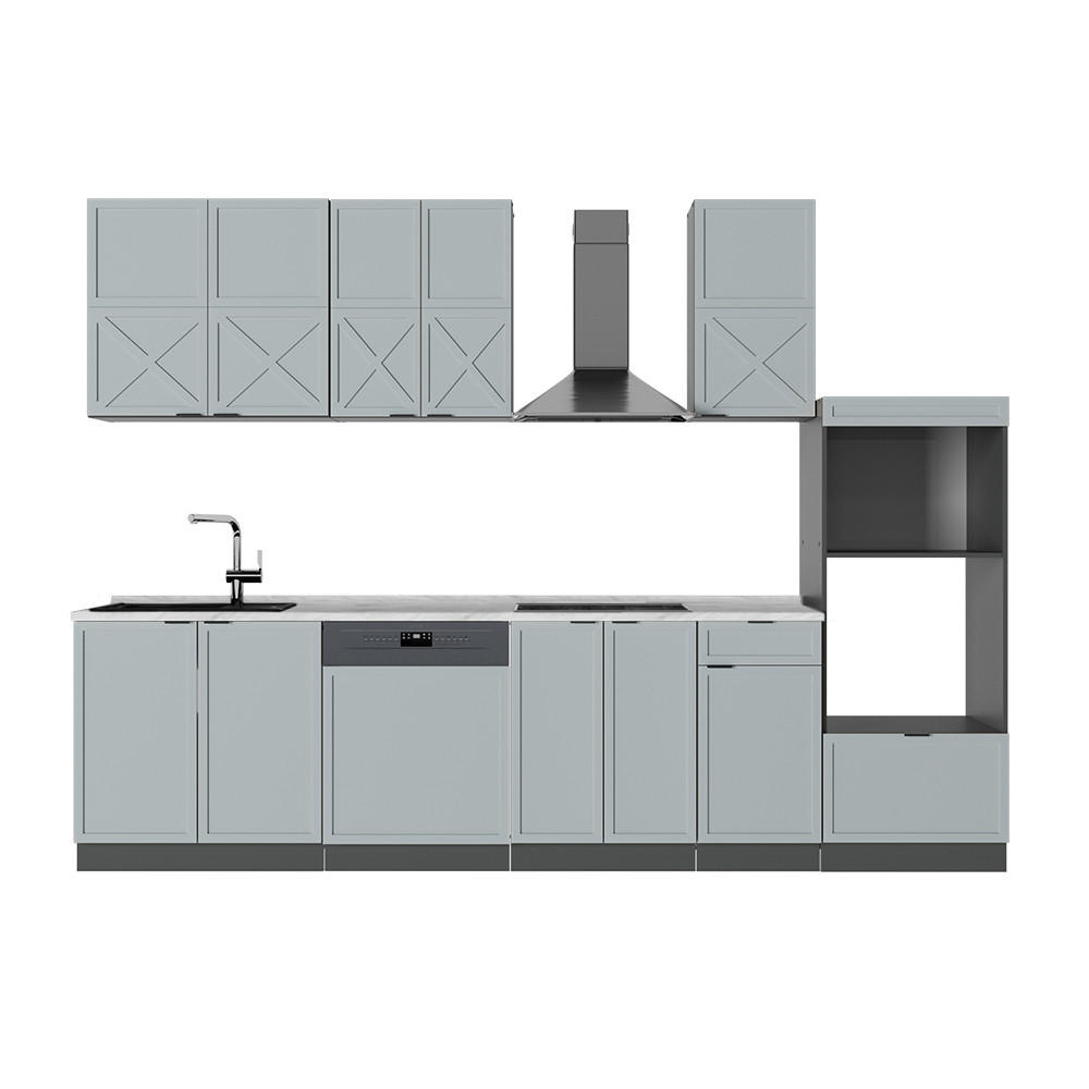 KÜCHENZEILE Fame-Line Hellblau-grau/Anthrazit 300 cm mit Hochschrank AP Marmor - Anthrazit/Blaugrau, Holzwerkstoff (300/81.6/60cm) - Vicco
