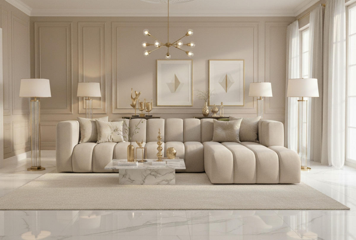 ECKSOFA L-Form GRAND 318 cm, Stoff Salvador, Beige, Rechts - Beige, Holz (318/179cm) - Kaiser Möbel