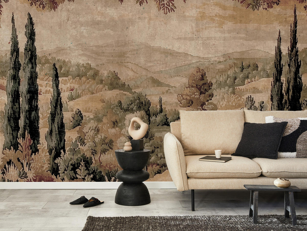 FOTOTAPETE für Schlafzimmer Vintage Landschaft Natur Modern Retro Panorama 300x210 - Gelb/Beige, Papier (300/210cm) - Muralo