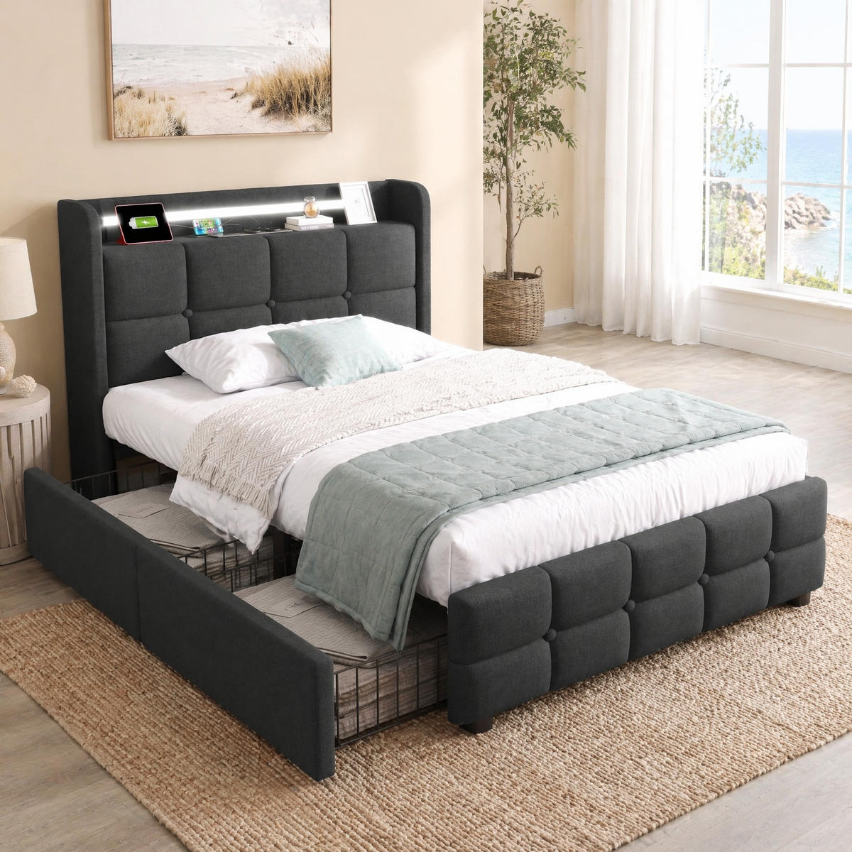 POLSTERBETT 90/200 mit LED, USB-Anschlüssen und 2 Schubladen mit Matratze in Grau - Grau, Holzwerkstoff/Textil (90/200cm) - EVRYAE