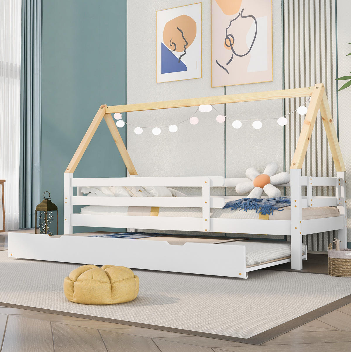 HAUSBETT mit Ausziehbett, Weiß/Natur, 90/200 cm - Weiß, Holz (90/200cm) - MIVRAY