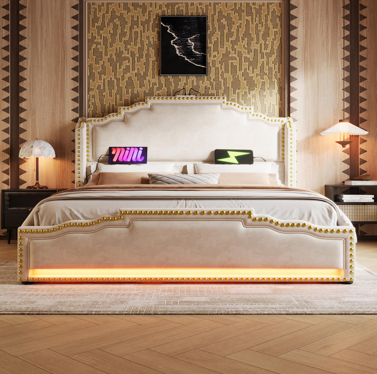 BETT mit 4 Schubladen LED USB-C 140x200 cm Samt Beige mit Matratze - Beige, Metall (140/200cm) - Meubliv