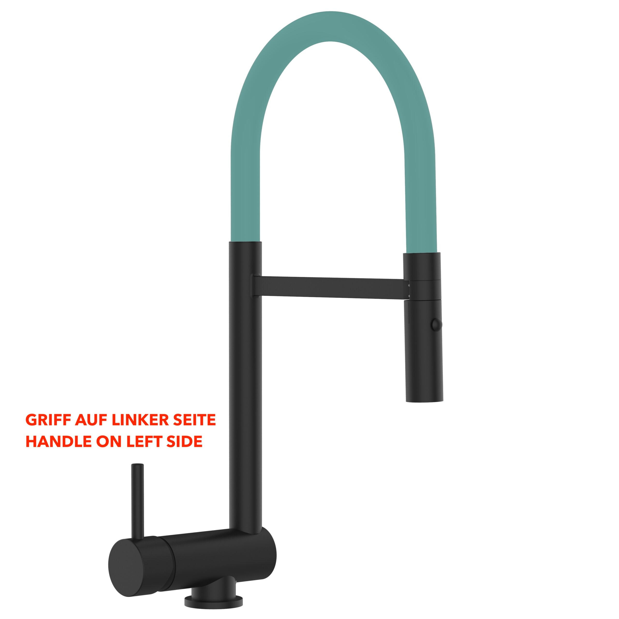 VORFENSTER-KÜCHENARMATUR, Umklappbar 6 CM, Schwarz Matt und Türkis, 2-Strahl-Brause, LINKER HEBEL - Türkis, Metall (21.3/48.2/21.3cm) - VIZIO