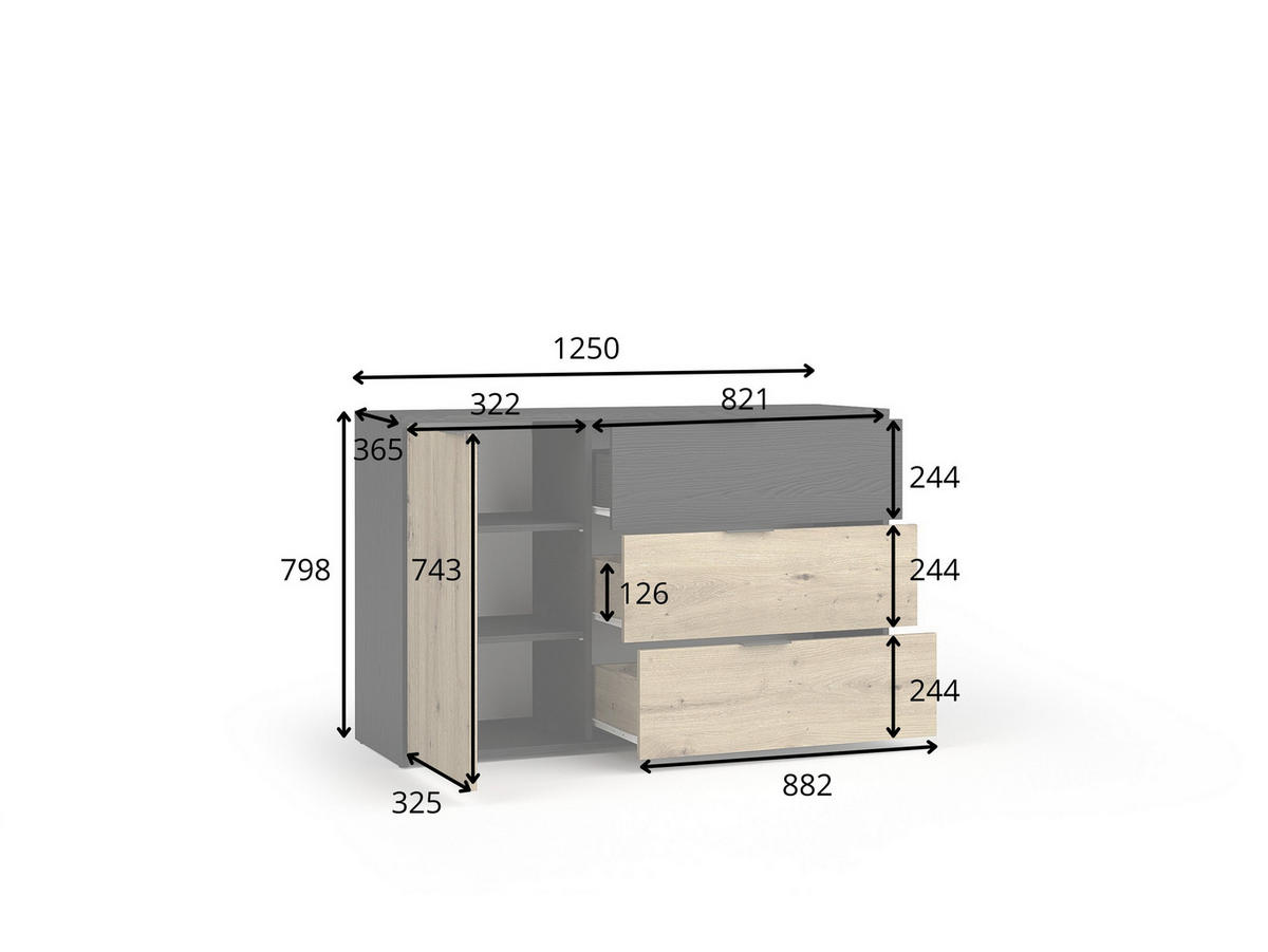 KOMMODE LAMON 125/80/36,5cm mit 3 Schubladen 1 Türen Graphitfarben - Graphitfarben/Eiche Artisan, Holzwerkstoff (125/80/36.5cm) - MASSENO
