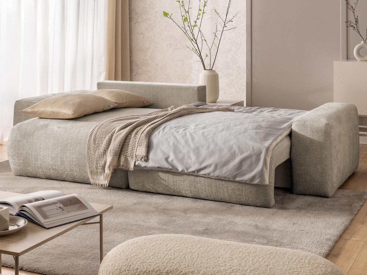 ECKSOFA Puffy mit Schlaffunktion und Bettkasten - besonders weich und puffig aus Dunkelbeige Chenille-Stoff - Ottomane links - Beige/Schwarz, Holz/Kunststoff (138/266cm) - S-Style Möbel