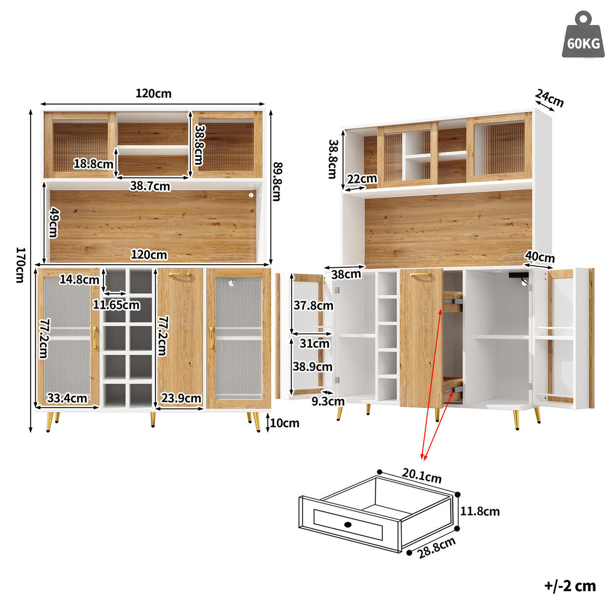 BUFFETSCHRANK 120/40/170 cm Weiß/Holzdekor aus MDF mit LED und Steckdose - Weiß, Holzwerkstoff (120/170/40cm) - OKWISH