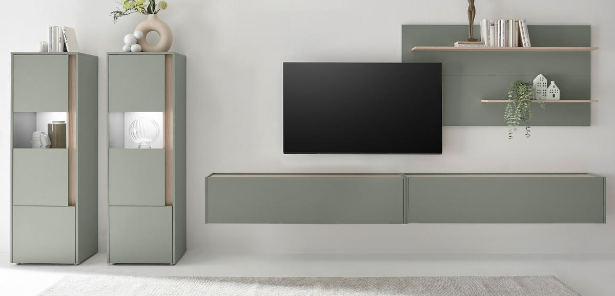 WOHNWAND Salbei grün, Eiche Barista, Wohnkombination Set 5-teilig mit XXL-TV-Schrank 440 cm - Salbeigrün/Eichefarben, Glas/Holzwerkstoff (440/180/40cm) - Furn.Design