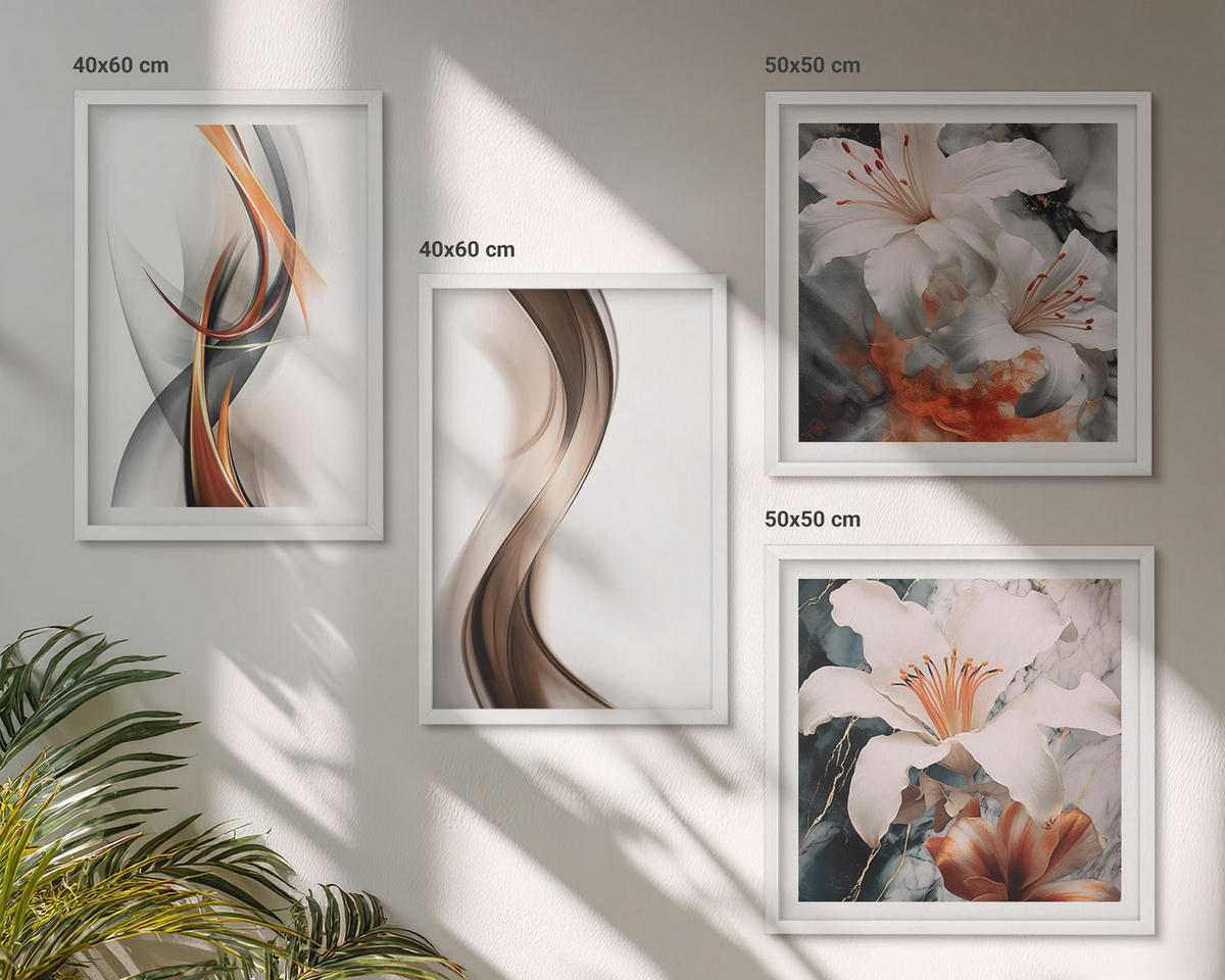 BILDER SET 4er Set - 50x50 cm & 40x60 cm Weißer Rahmen - Gelbgrau-braune Wellen - Weiß, Kunststoff (50/50cm) - TULUP