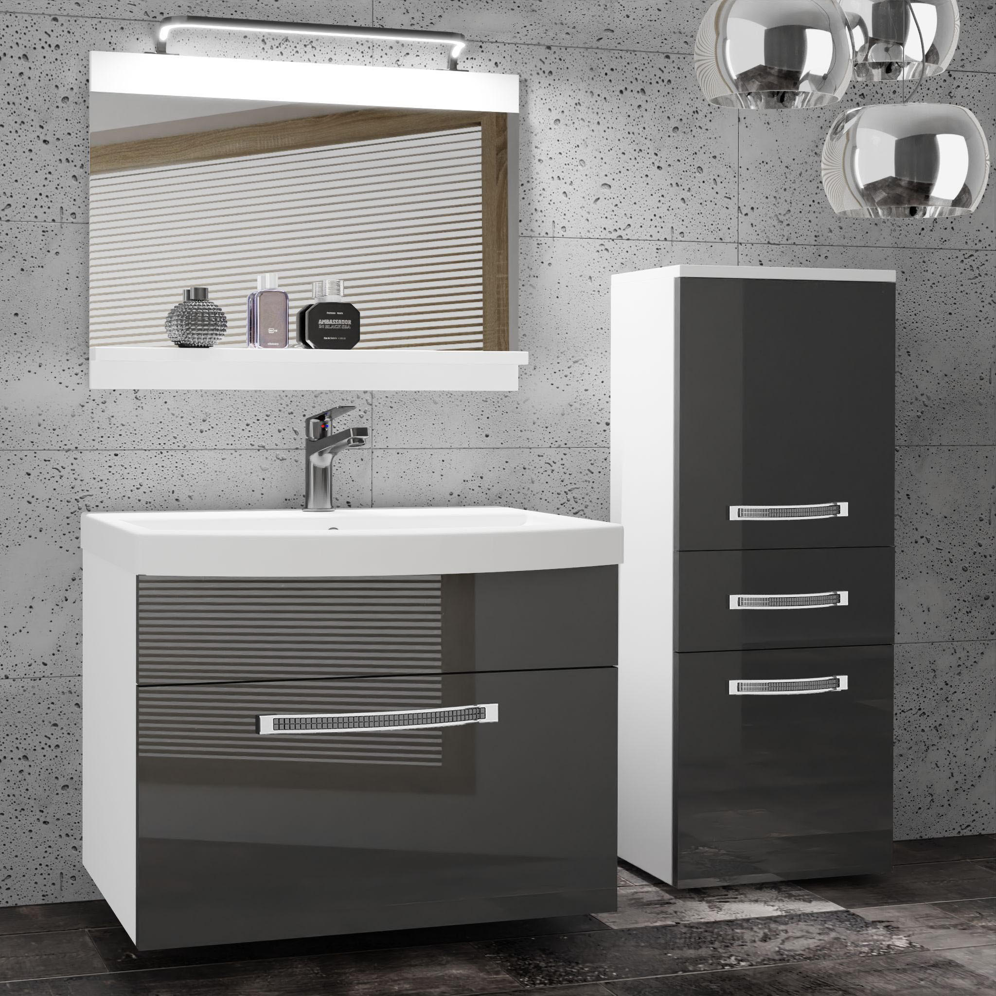 BADMÖBEL Badezimmer Grau, Glänzend - Silbereichenfarben, Holz (100/81/40cm) - B BELINI GROUP