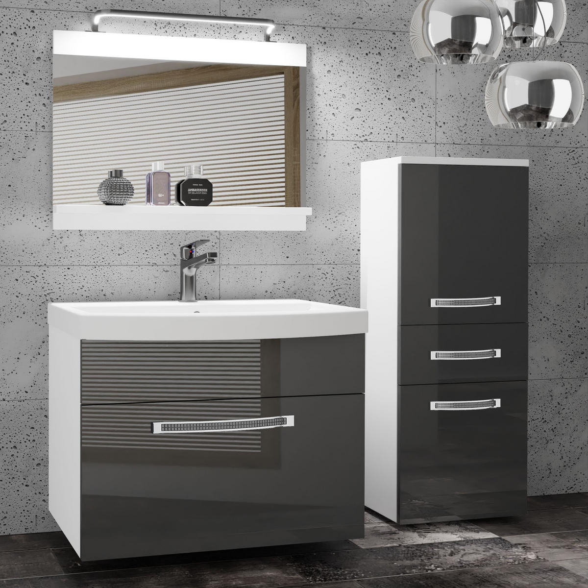 BADMÖBEL Badezimmer Grau, Glänzend - Silbereichenfarben, Holz (100/81/40cm) - B BELINI GROUP