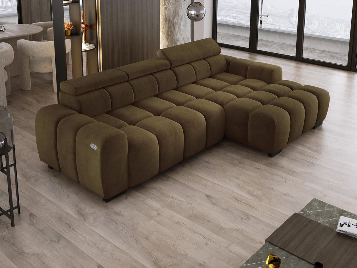 ECKSOFA OMBO 285x168x77/97 cm, Rechts, Schlaffunktion, elektr. Sitz, Kopfstützen, Buche dunkel, hydrophober SALVADOR-Stoff – Dunkelblau - Olivgrün, Holz/Textil (285/168cm) - DomoHome