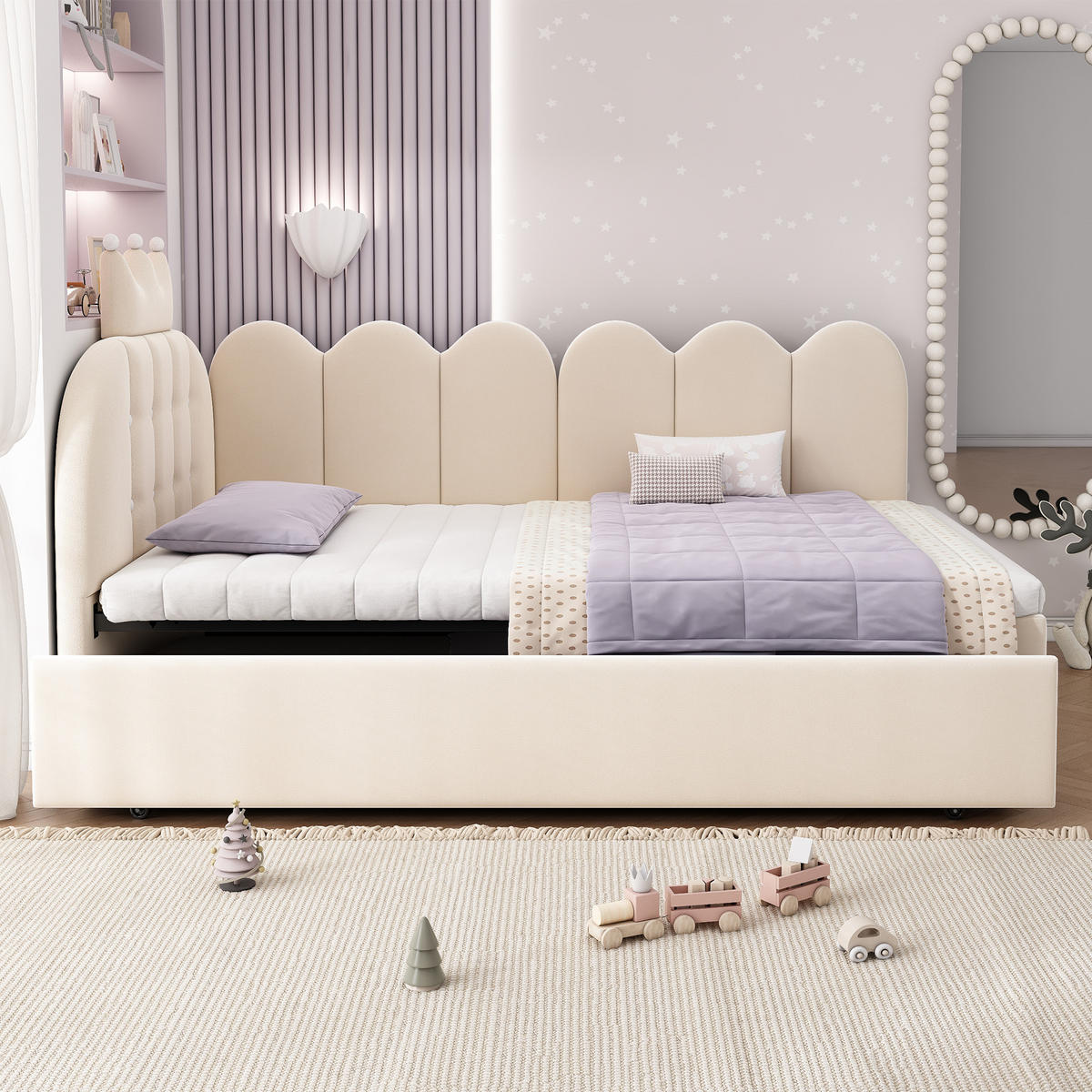 BETT mit Ausziehbett 90x200 cm Samt Beige 2 Schlafplätze - Beige, Holz (90/200cm) - Meubliv