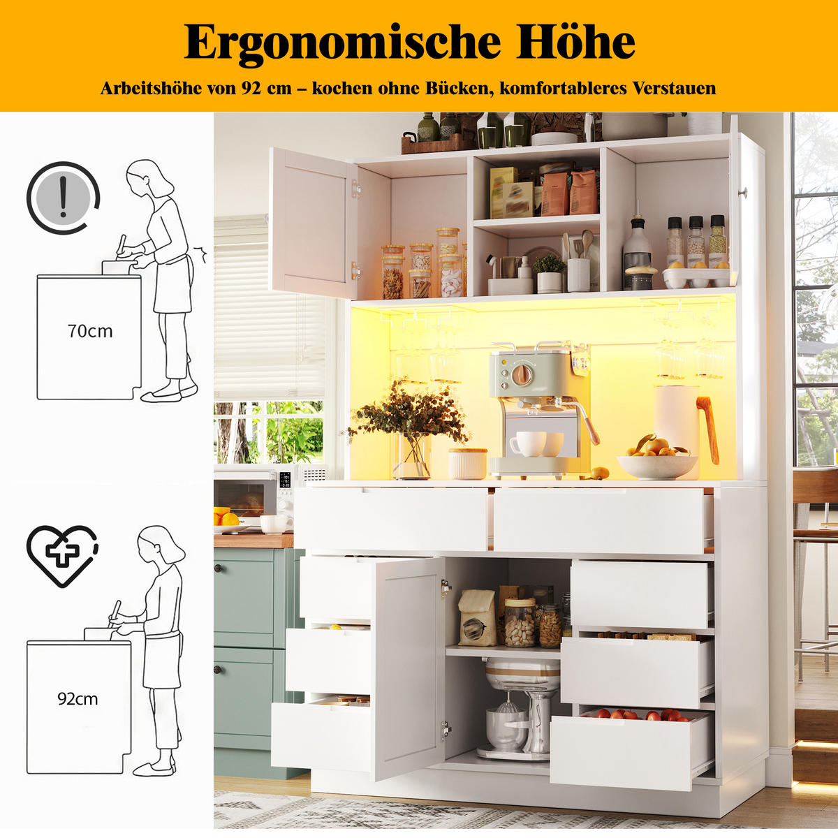 HOCHSCHRANK LED 120x40x183.5Cm 8 Schubladen Weiß - Weiß, Holzwerkstoff (120/183.5/40cm) - FLIEKS