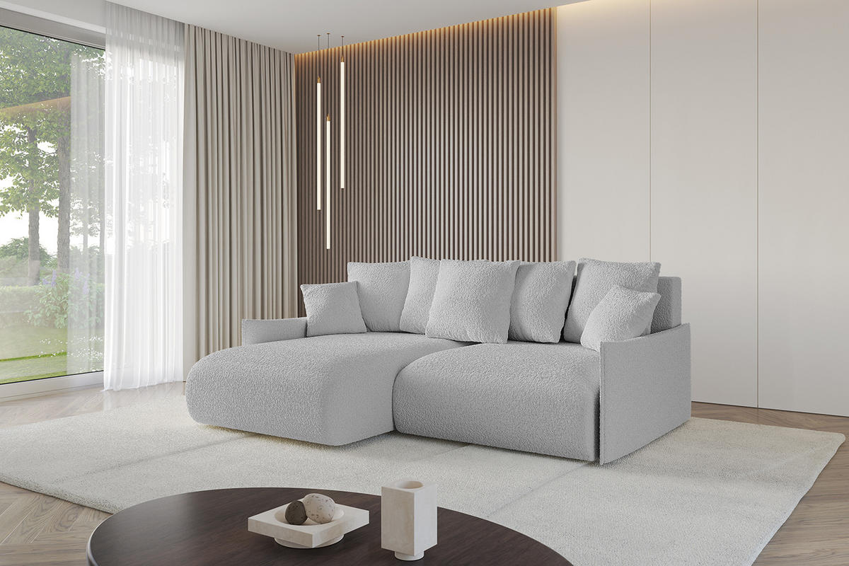 ECKSOFA mit Schlaffunktion und Bettkasten ONESK-L -v1 208x165x40 Hellgrau Bouclé - Hellgrau, Holzwerkstoff/Kunststoff (208/165cm) - ALTDECOR