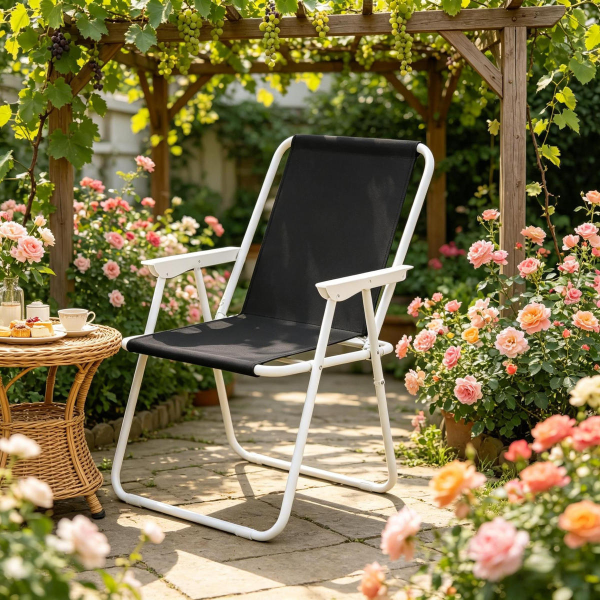 KLAPPSTUHL 58/53/76 cm faltbar mit Armlehnen und Oxfordbezug, Schwarz - Schwarz, Metall (58/76/53cm) - Redom