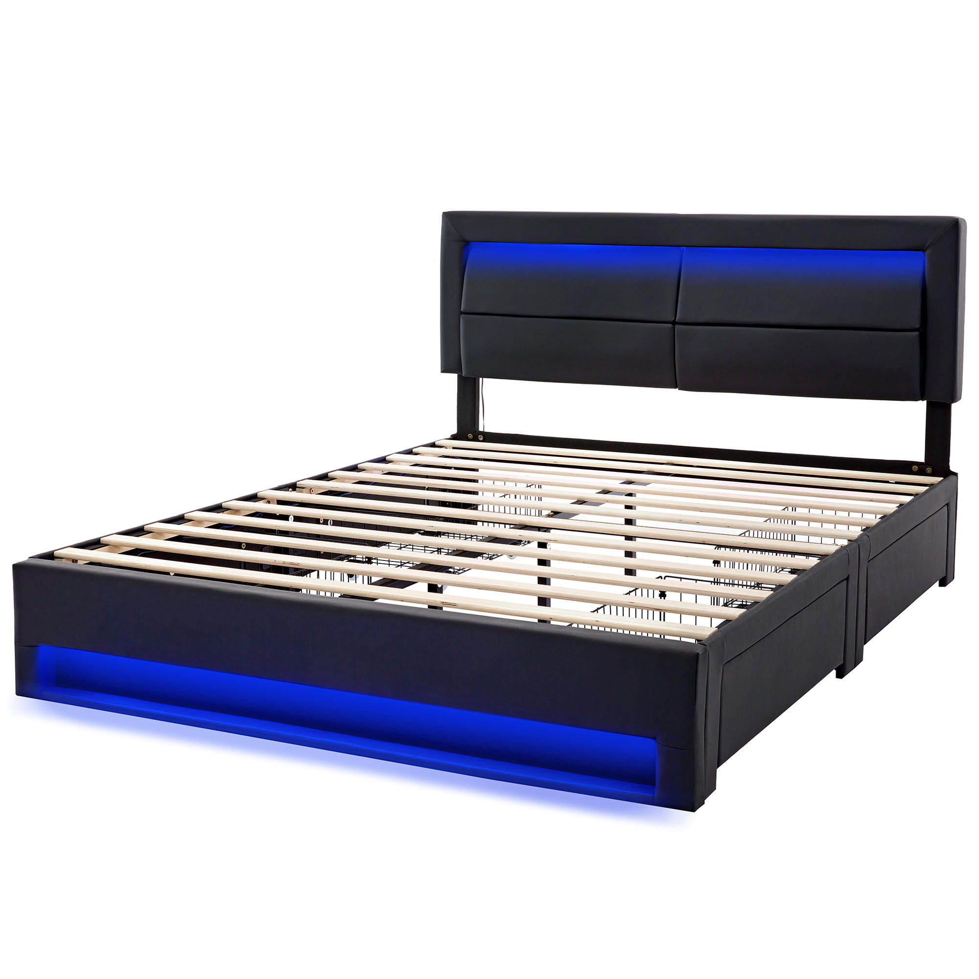 POLSTERBETT aus PU 140x200 cm in Schwarz mit LED-Beleuchtung & USB-Ladeanschluss - Schwarz, Leder (140/200cm) - Modfu