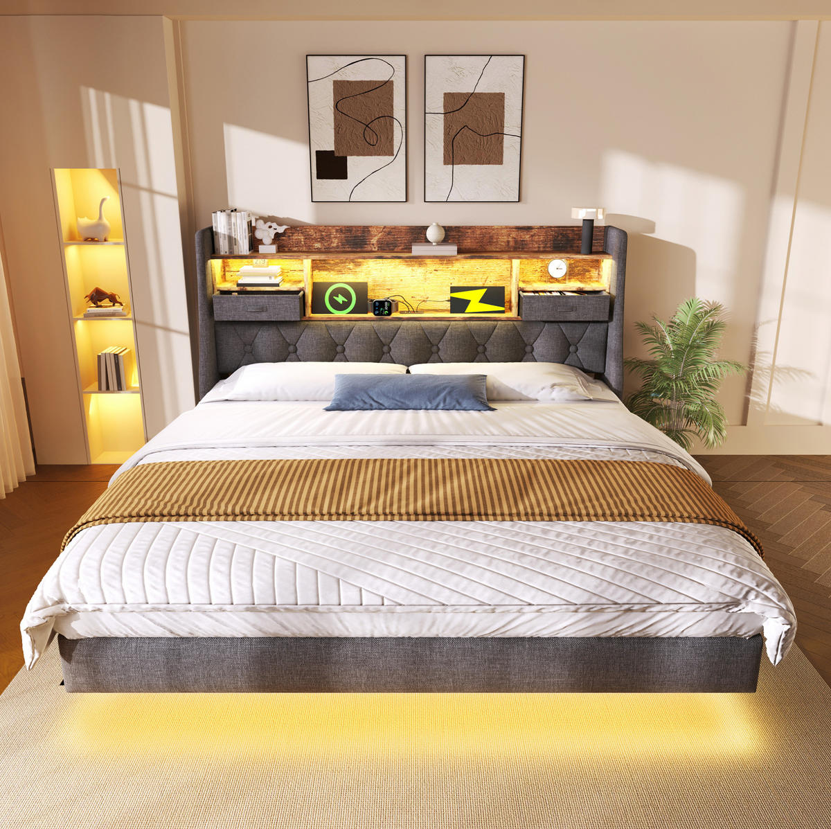 POLSTERBETT 140/190 cm mit LED-Beleuchtung, USB- und Type-C-Anschluss, Stauraum-Kopfteil aus Leinen, Grau - Grau, Textil (140/190cm) - Redom