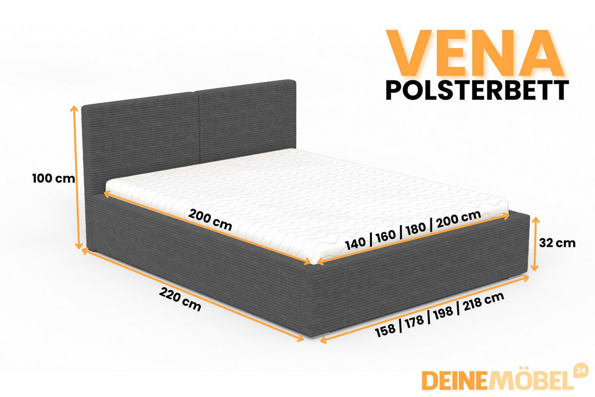 POLSTERBETT VENA 200/200 in Cord Anthrazit - Anthrazit, Holzwerkstoff/Textil (200/200cm) - Deine Möbel 24