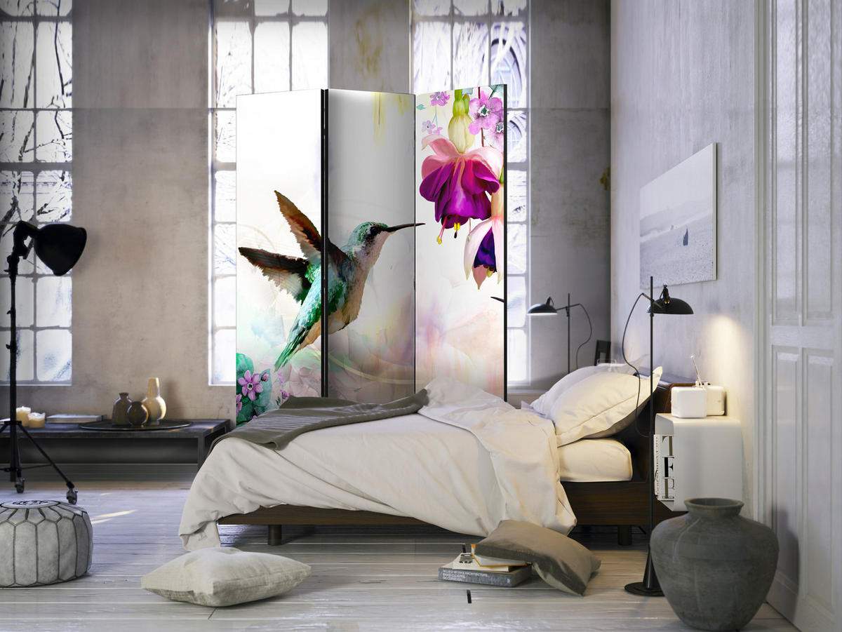 PARAVENT Akustik 3-tlg 135x172 cm Kolibri Blumen Natur - Multicolor, Holz/Textil (135/172/3cm) - Muralo
