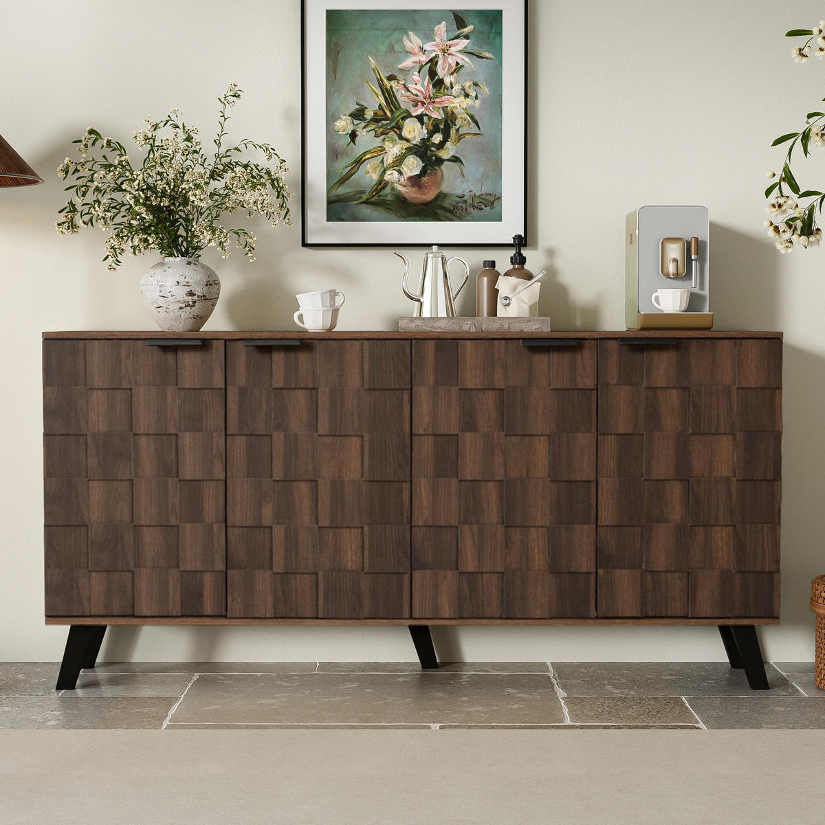 SIDEBOARD 160cm 4 Türen dunkle Holzmaserung modern - Walnussfarben, Holzwerkstoff (35.5/78/160.5cm) - FLIEKS