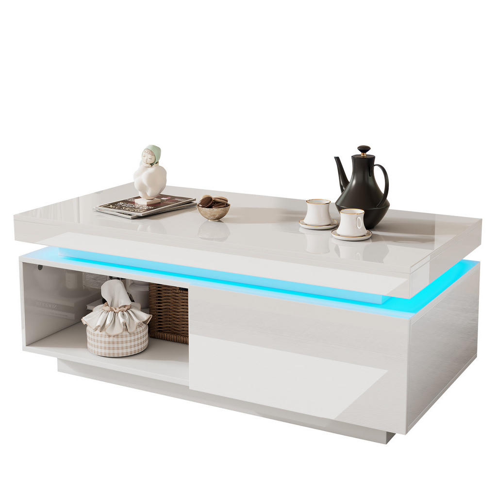 Modfu KONFERENČNÍ stolek z dřevotřísky 100x50x40,3 cm bílý s LED osvětlením, zásuvkou a vysokým leskem