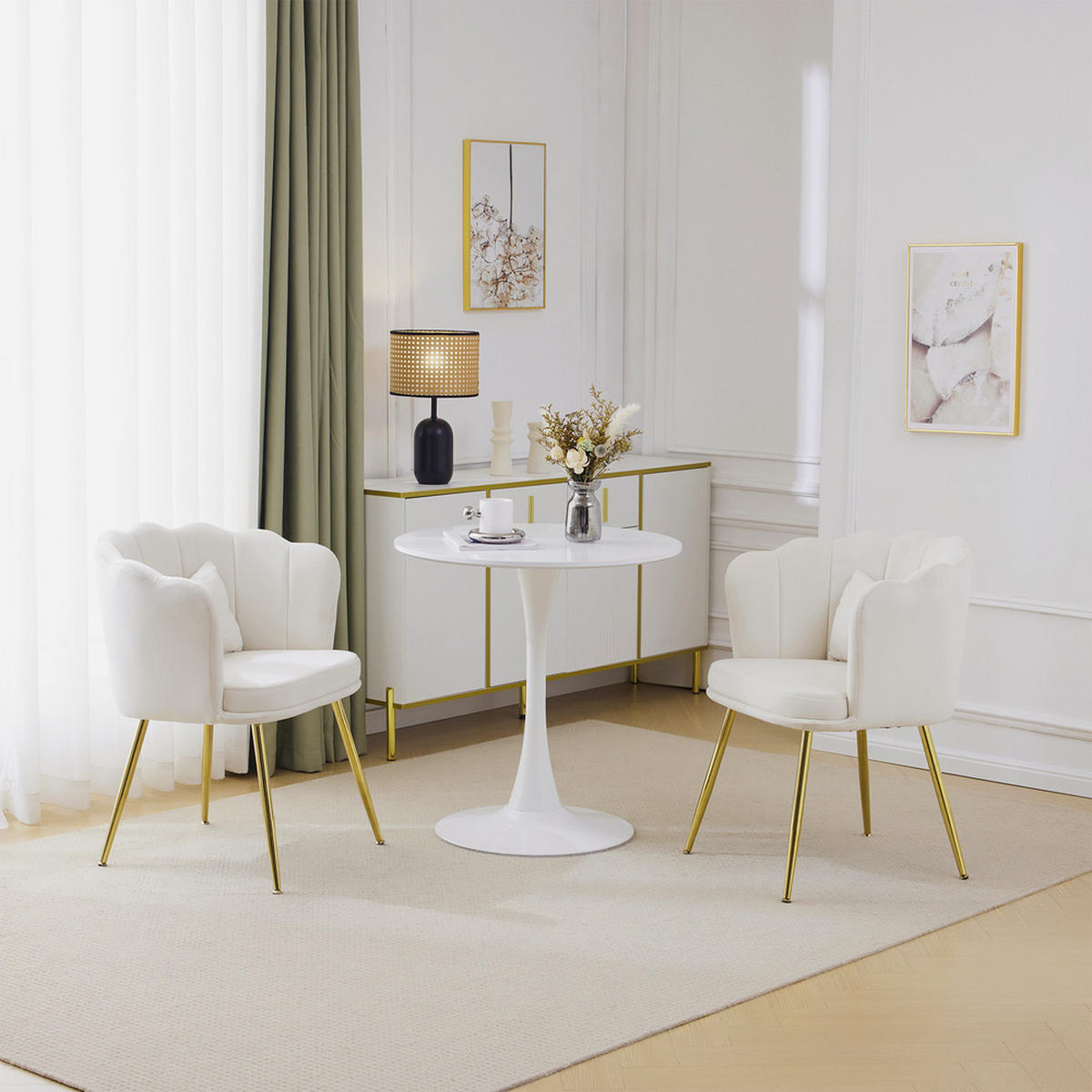 STUHL SET 2-TEILIG Samt Polster Blütenblatt-Rücken Goldfüße & Kissen Beige - Beige, Holz (62/43/54cm) - FLIEKS