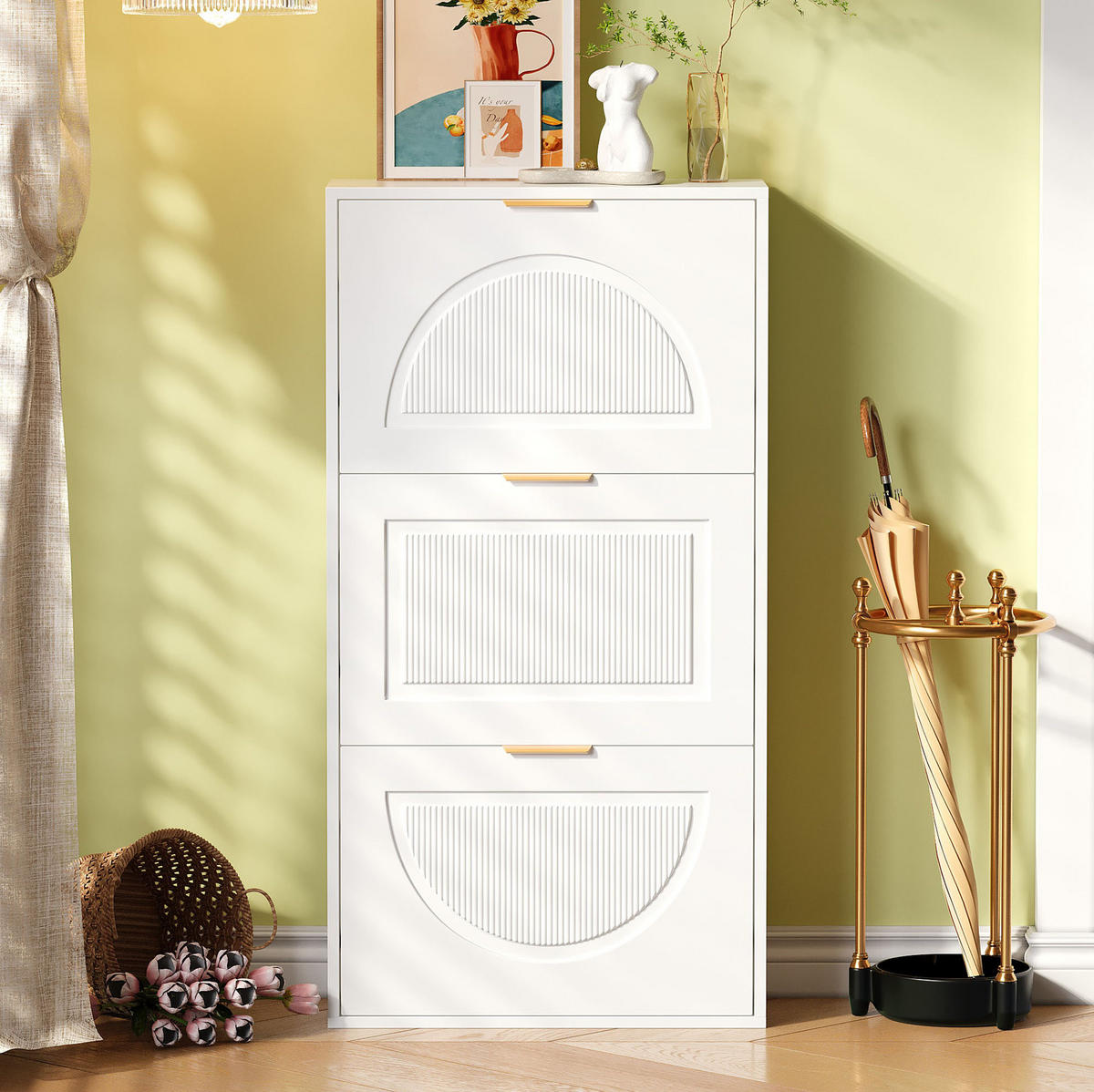 SCHUHSCHRANK 60/24/114 cm in Weiß mit 3 Klappen und verstellbaren Böden - Weiß, Holzwerkstoff (60/114/24cm) - Flora Grace