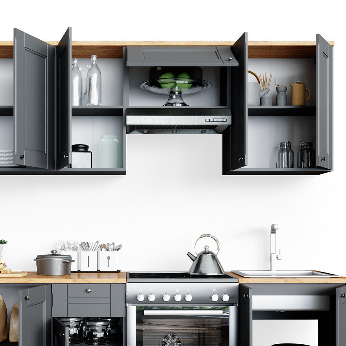 KÜCHENZEILE Bergamo Grau 240 cm, AP Goldkraft - Honigeiche/Braun, Holzwerkstoff (240/81.6/60cm) - Vicco