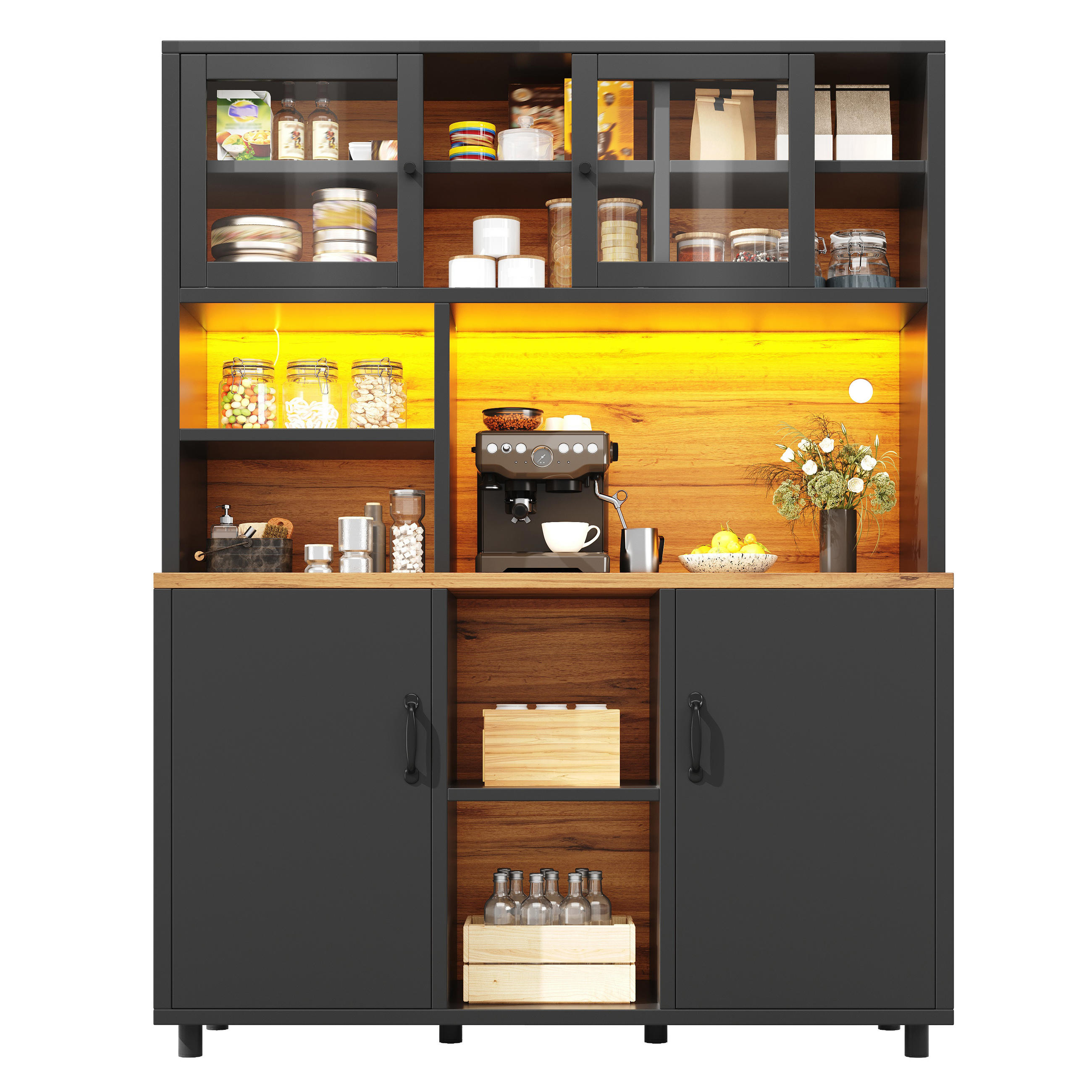 HOCHSCHRANK 185Cm LED App Schiebetüren Holzoptik Schwarz - Schwarz, Holzwerkstoff (140/185/40cm) - FLIEKS