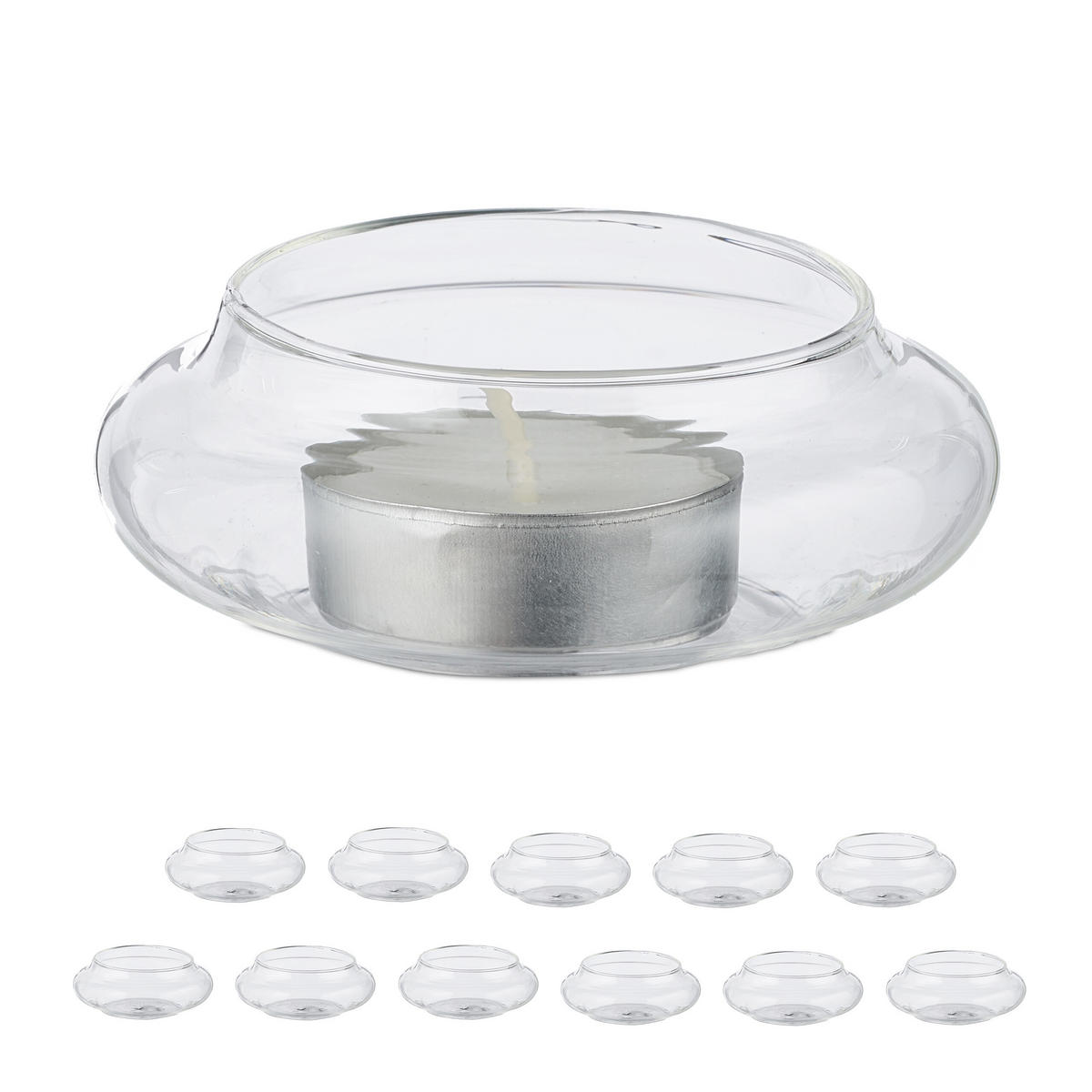 12xSCHWIMM-TEELICHTHALTER - Transparent, Glas (3.5cm) - Relaxdays