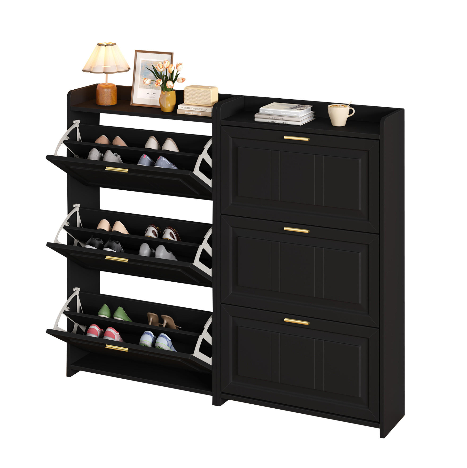 SCHUHSCHRANK aus MDF & Spanplatte 140x24x120cm in Schwarz 2er Set - Schwarz, Holzwerkstoff (140/120/24cm) - Modfu