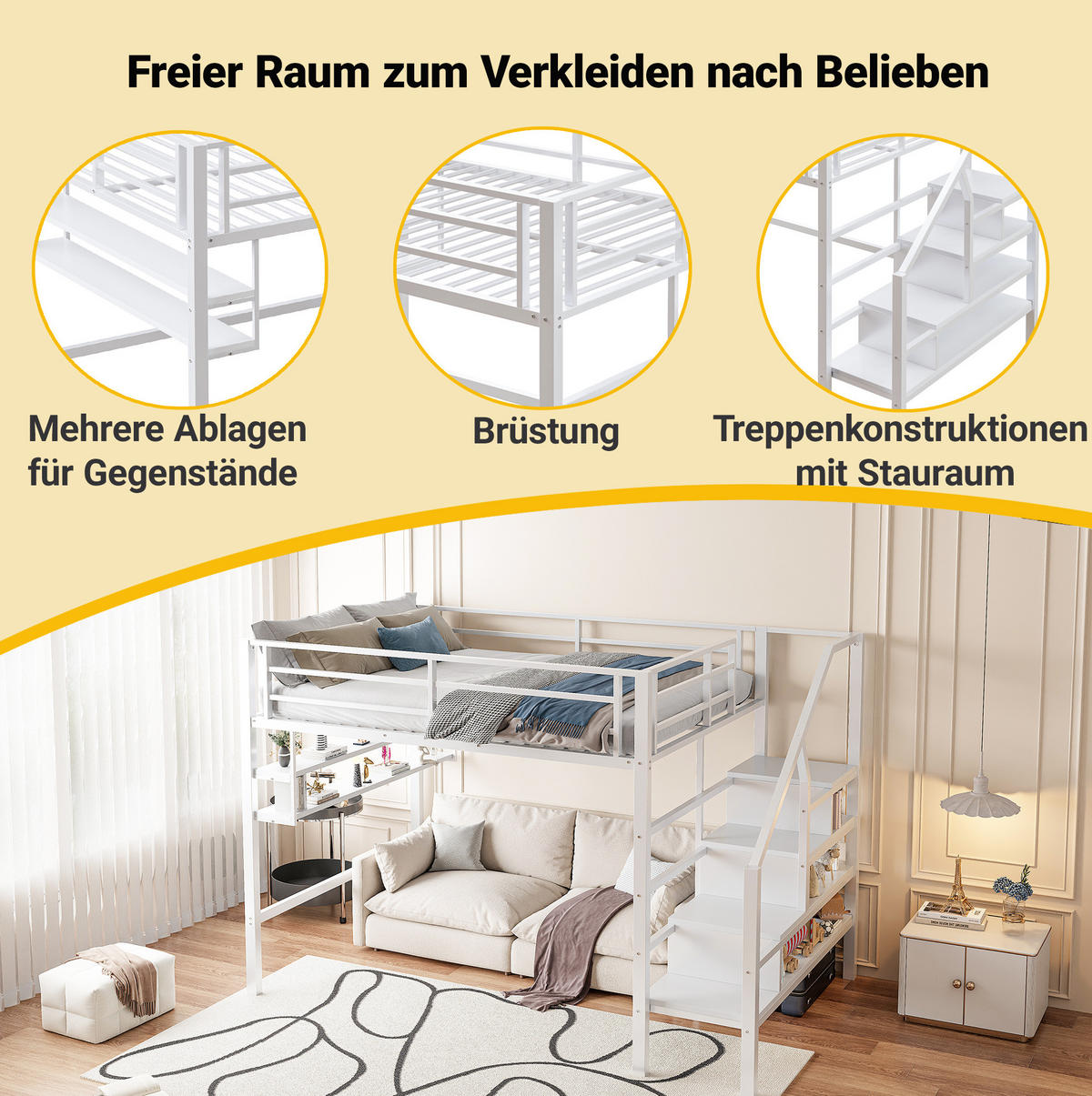 HOCHBETT 140/200 cm aus Metall und MDF mit Stauraumleiter und Regalen Weiß - Weiß, Metall (140/200cm) - Modenvie