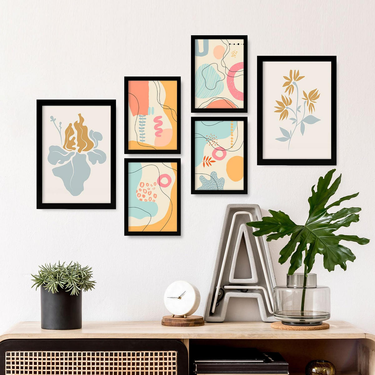 POSTER Set Mit 6 Ethikstile 2 In Blume Zusammenfassung Ästhetische Dekorative Gemälde Für Ihr Wohnzimmer Schlafzimmer Zuhause A3 & A4 Schwarzer Rahmen - Schwarz, Papier (29/3cm) - Nacnic