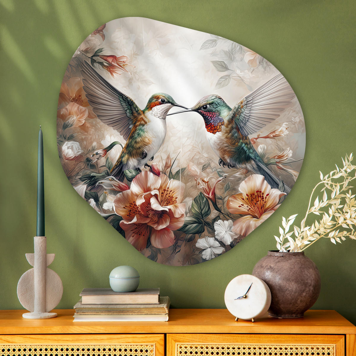 WANDBILD Kolibri - Vögel - Blumen - Natur 90x90 cm - Altrosa, Kunststoff (90/90cm) - MuchoWow