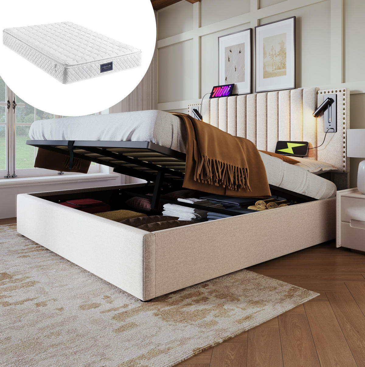 POLSTERBETT 160/200 cm aus Baumwolle mit Leselicht, USB- und Type-C-Anschlüssen, Bettkasten und Matratze, Beige - Beige, Textil (160/200cm) - Redom