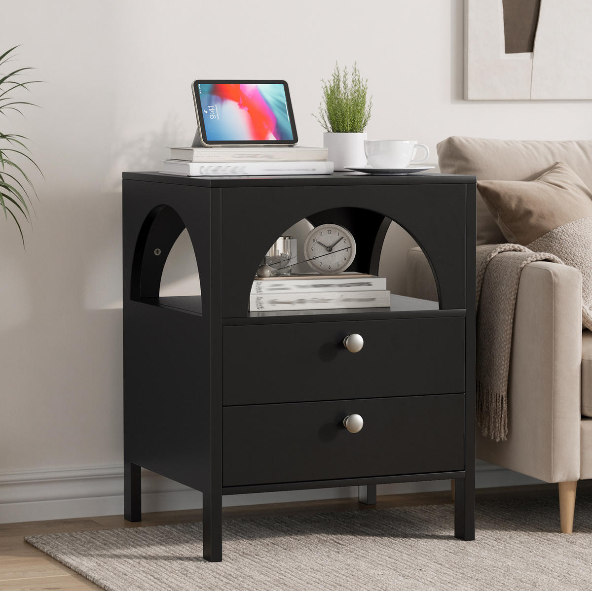 NACHTTISCH 45/40/58 cm mit 2 Schubladen & offenem Fach in Schwarz - Schwarz, Holzwerkstoff (40/58/45cm) - BEAOK