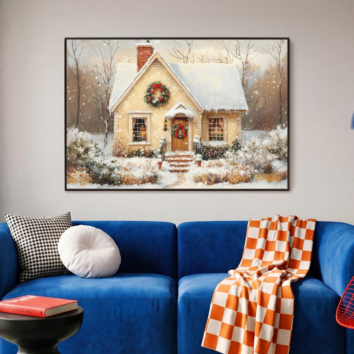 LEINWAND Bilder mit Rahmen - Weihnachten - Zuhause - Winter - Schnee - 90x60 - Creme, Textil (90/60cm) - MuchoWow