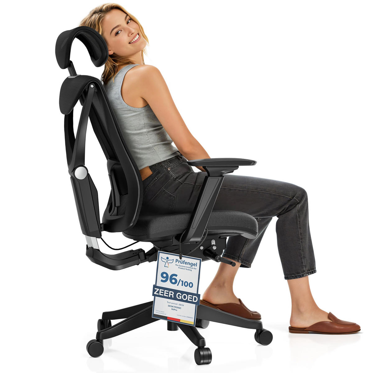 BÜROSTUHL Verstellbarer Ergonomischer SitPro Schwarz 3-Dimensional Armlehne, Integrierte 5-Wege-Lendenwirbelstütze - Schwarz, Kunststoff (72/113/67cm) - Desktronic