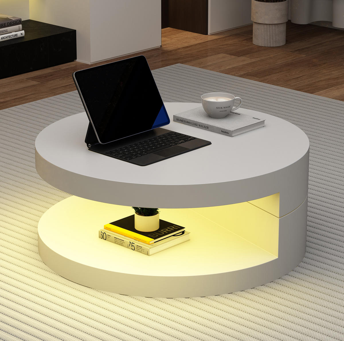 COUCHTISCH aus MDF 70x70x35,5 cm Weiß mit drehbarer Tischplatte, LED-Beleuchtung und Ablage - Weiß, Holzwerkstoff (70/70/35.5cm) - IVMEU