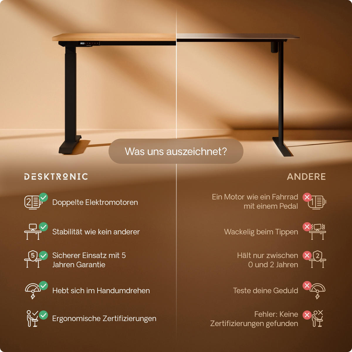 SCHREIBTISCH Elektrisch Höhenverstellbarer HomeOne 140x70cm Schwarz/Eiche mit Memory-Funktion, Anti-Kollisions Technologie - Eichefarben/Schwarz, Holzwerkstoff (70/140/72cm) - Desktronic