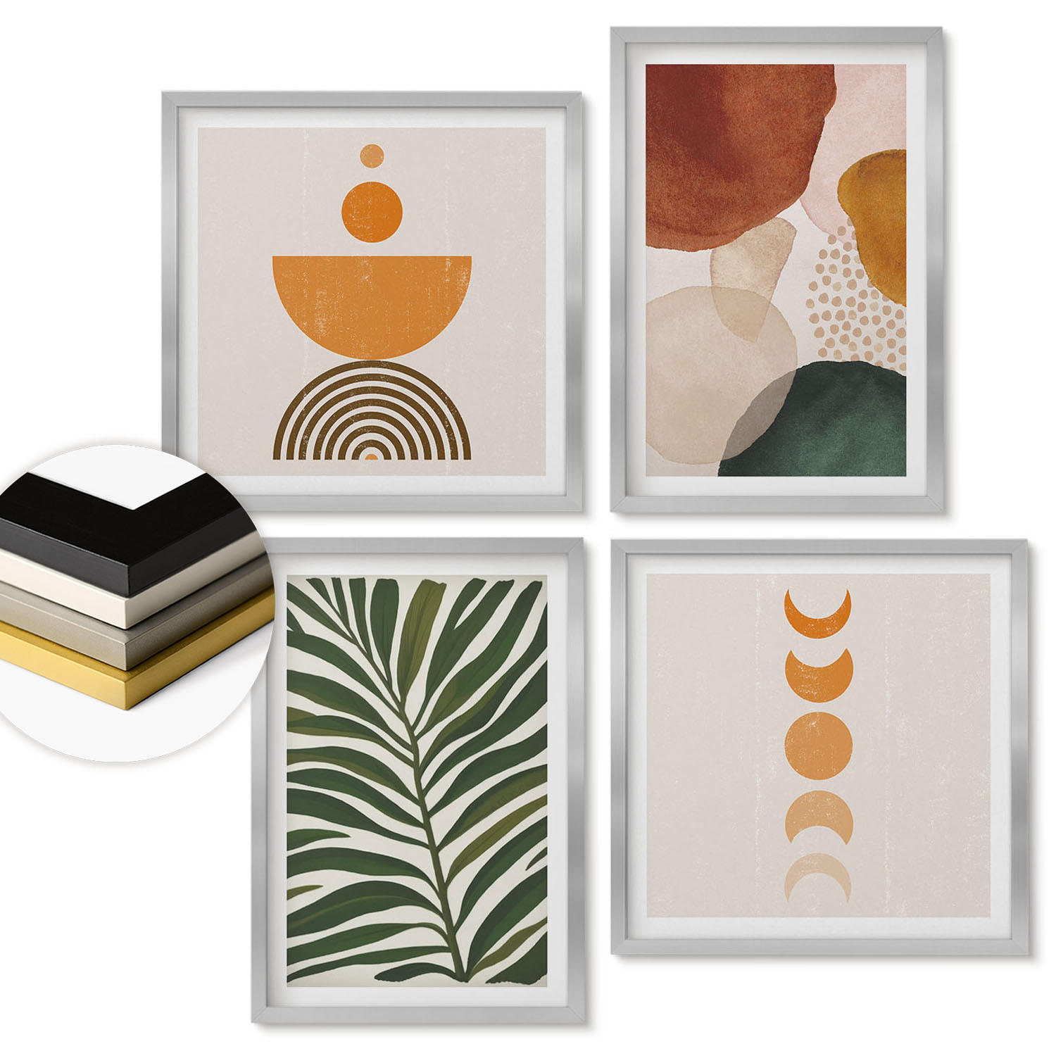 WANDBILDER 4er Set - 50x50 cm & 40x60 cm Silberner Rahmen - Abstrakte Blattformen - Silberfarben, Kunststoff (50/50cm) - ArtPrintCave