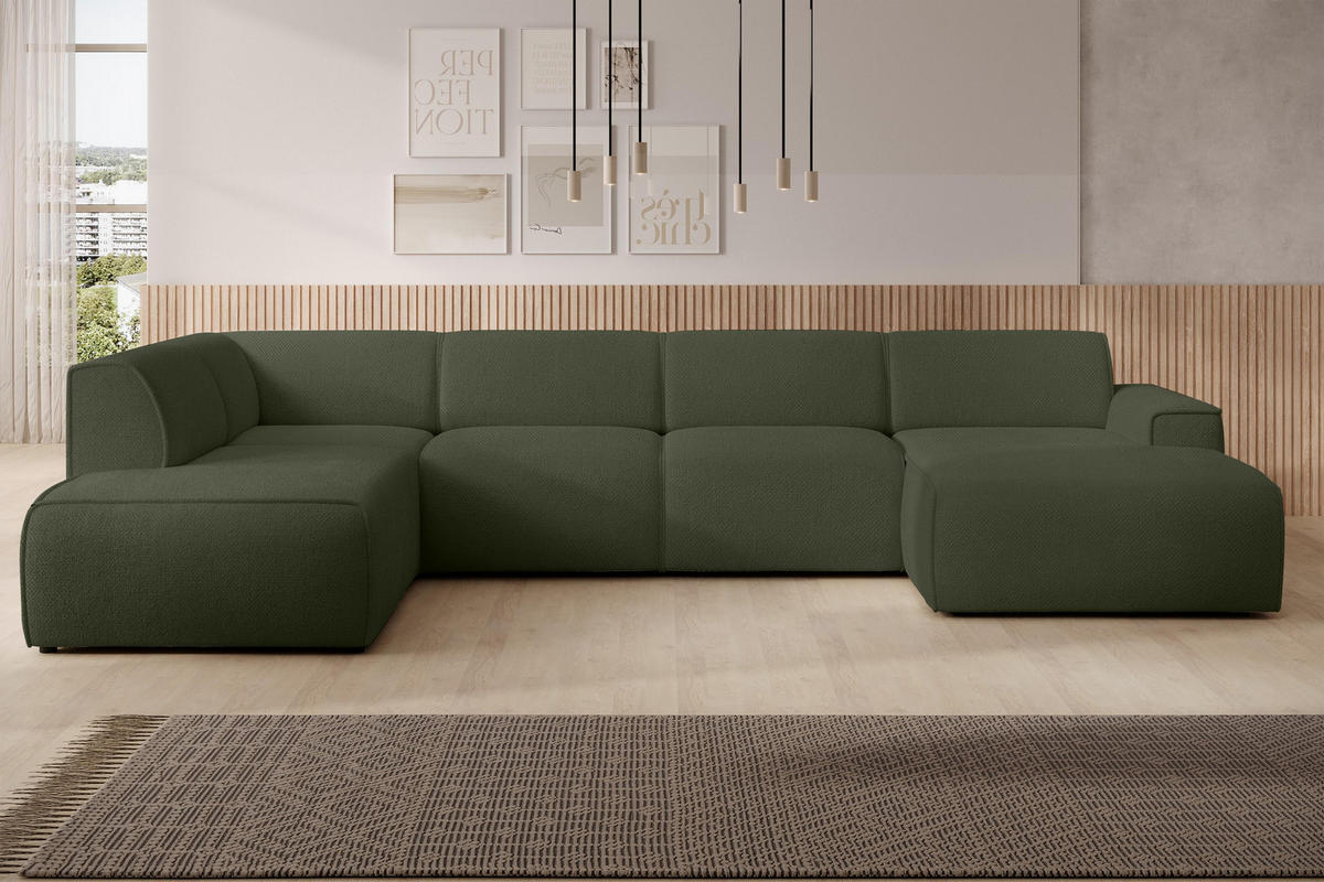 WOHNLANDSCHAFT Didim Grün 378/220/78 cm – großes Sofa stilvoll & bequem L - Schwarz/Grün, Kunststoff/Textil (220/78/378cm) - AX Living
