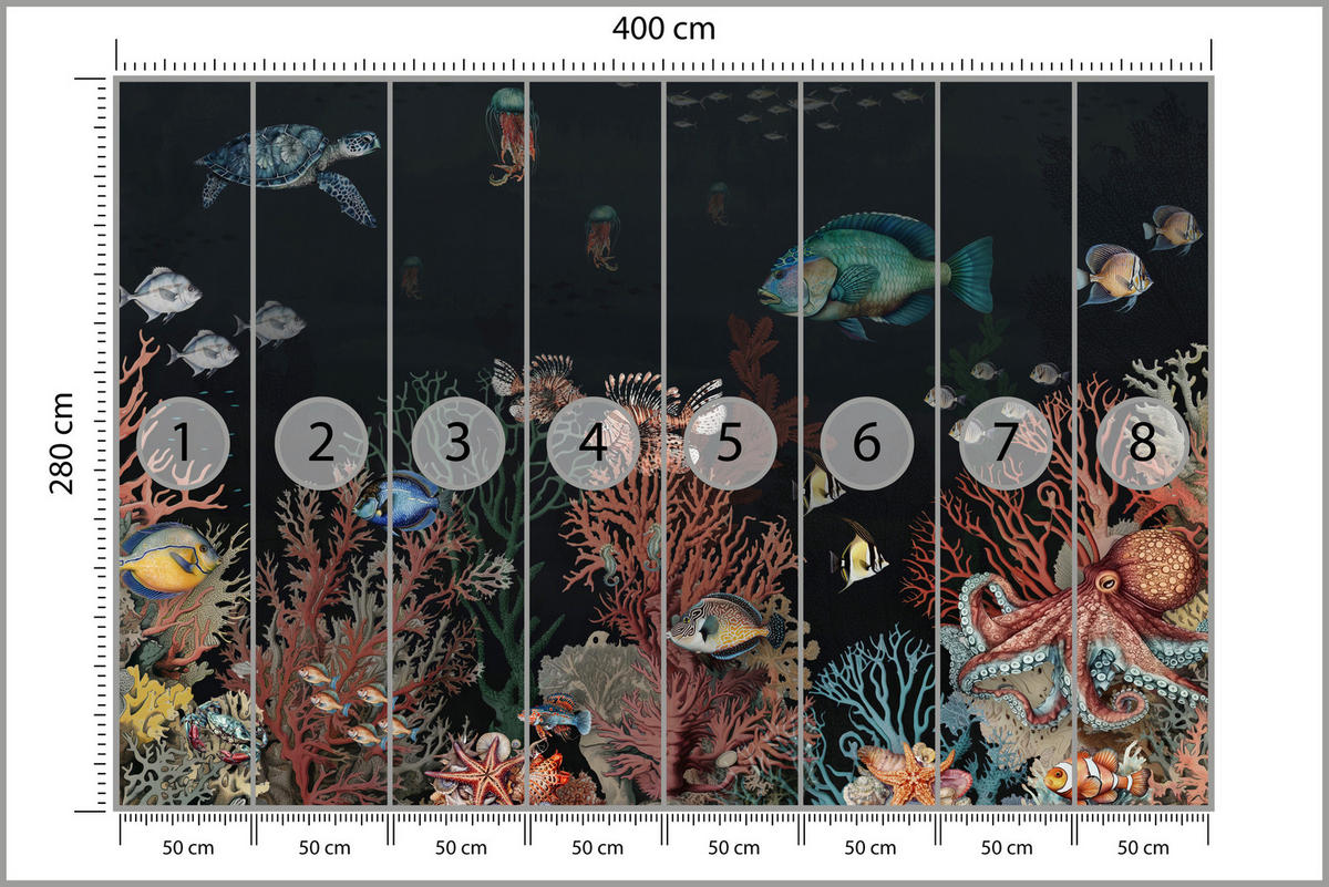 FOTOTAPETE für Badezimmer Bunter Unterwasser Pflanzen Riff Fische 400x280 - Rot/Schwarz, Papier (400/280cm) - Muralo