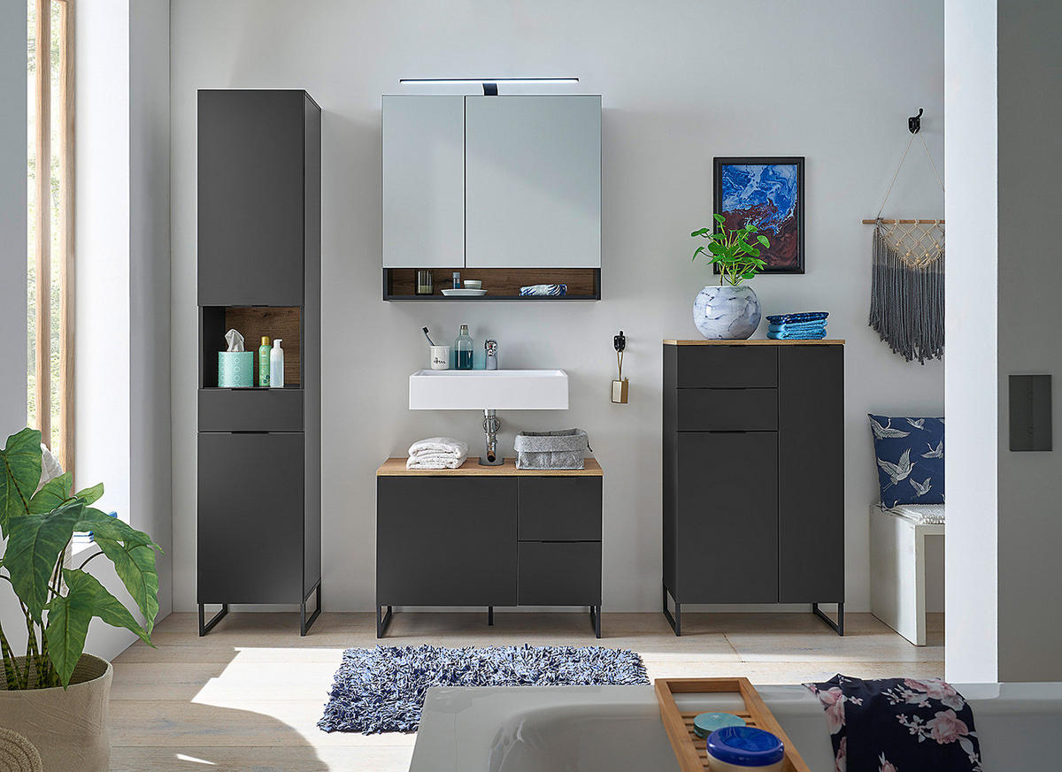 WASCHBECKENUNTERSCHRANK mit 1 Tür - Schwarz, Holzwerkstoff (80/60/35cm) - home24