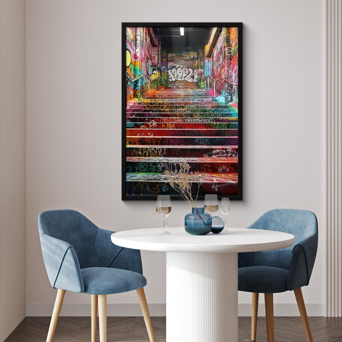 POSTER MIT RAHMEN Treppe - Graffiti - Farben - Kunst 60x90 cm - Multicolor, Papier (60/90cm) - MuchoWow