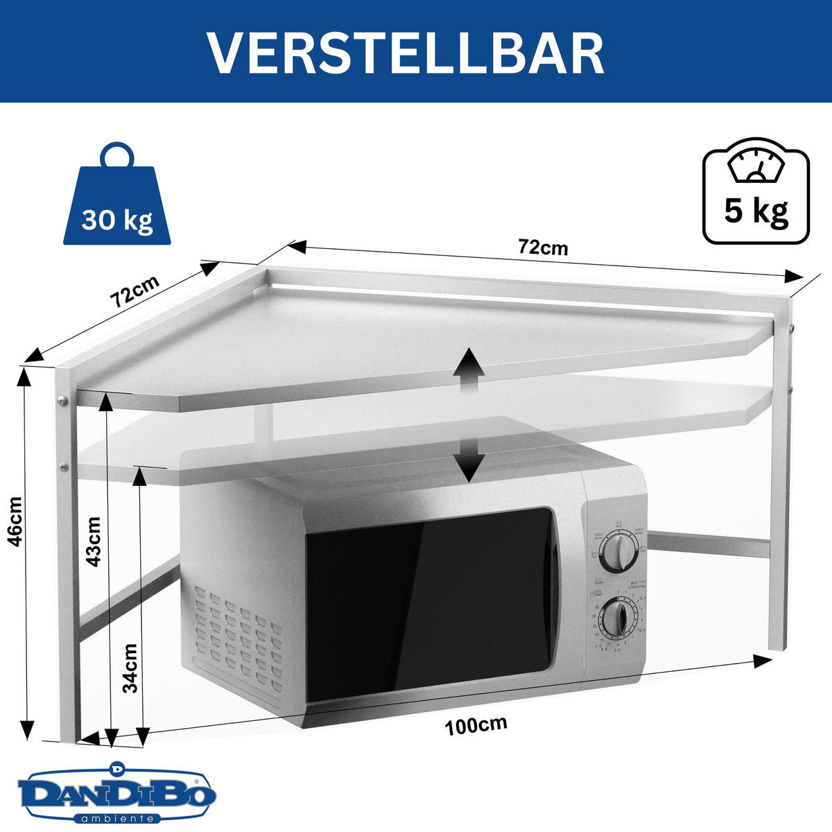 KÜCHENREGAL Ecke 2-stufig Metall Weiß 72/72/46 cm - Weiß, Metall (72/46/72cm) - DanDiBo