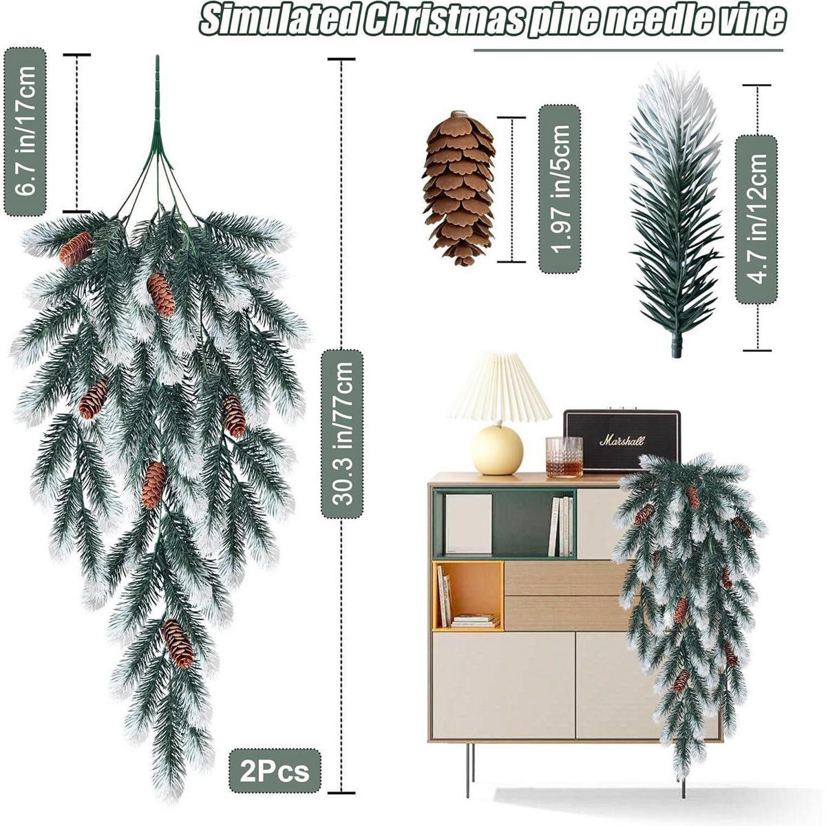 TANNENZWEIGE 2-teiliges Set mit Tannenzapfen 74 cm - Grün, Kunststoff (74cm)