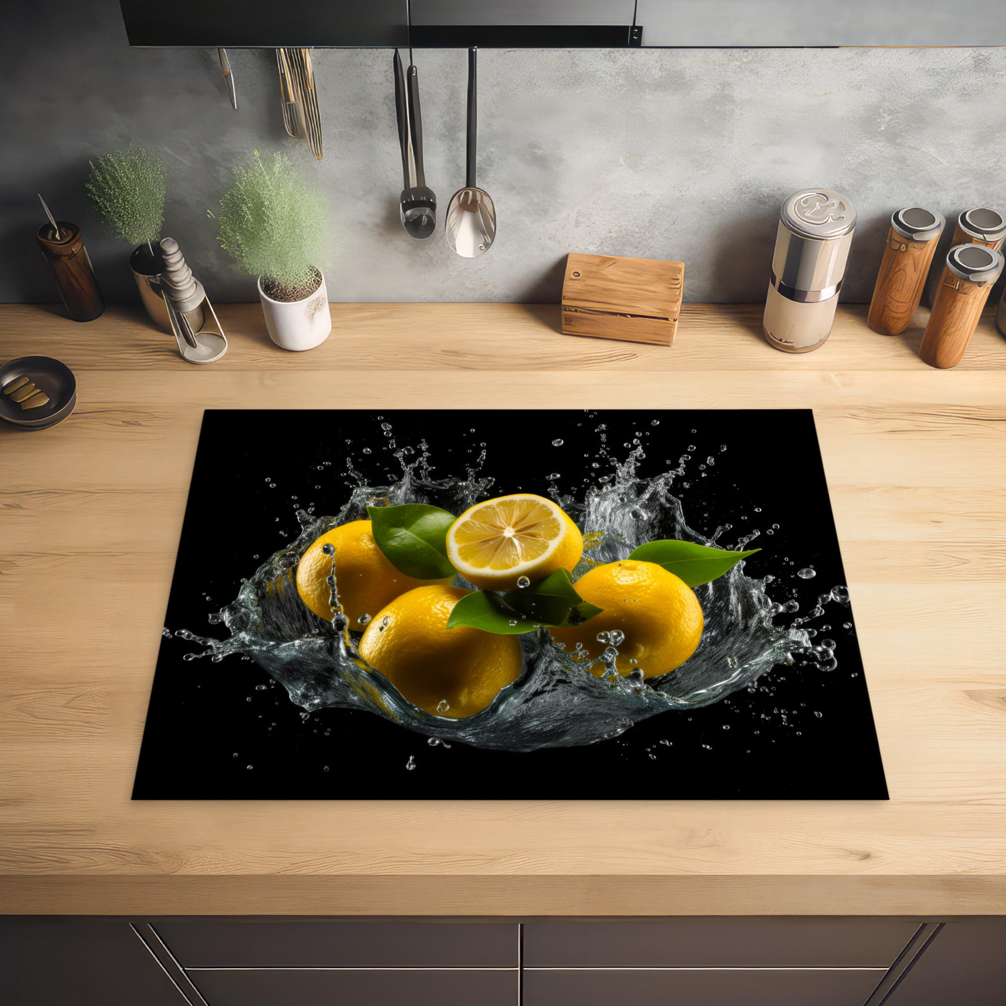 HERDABDECKPLATTE Zitrone - Obst - Gelb - Schwarz 70x52 cm - Gelb, Kunststoff (70/0.2/52cm) - MuchoWow
